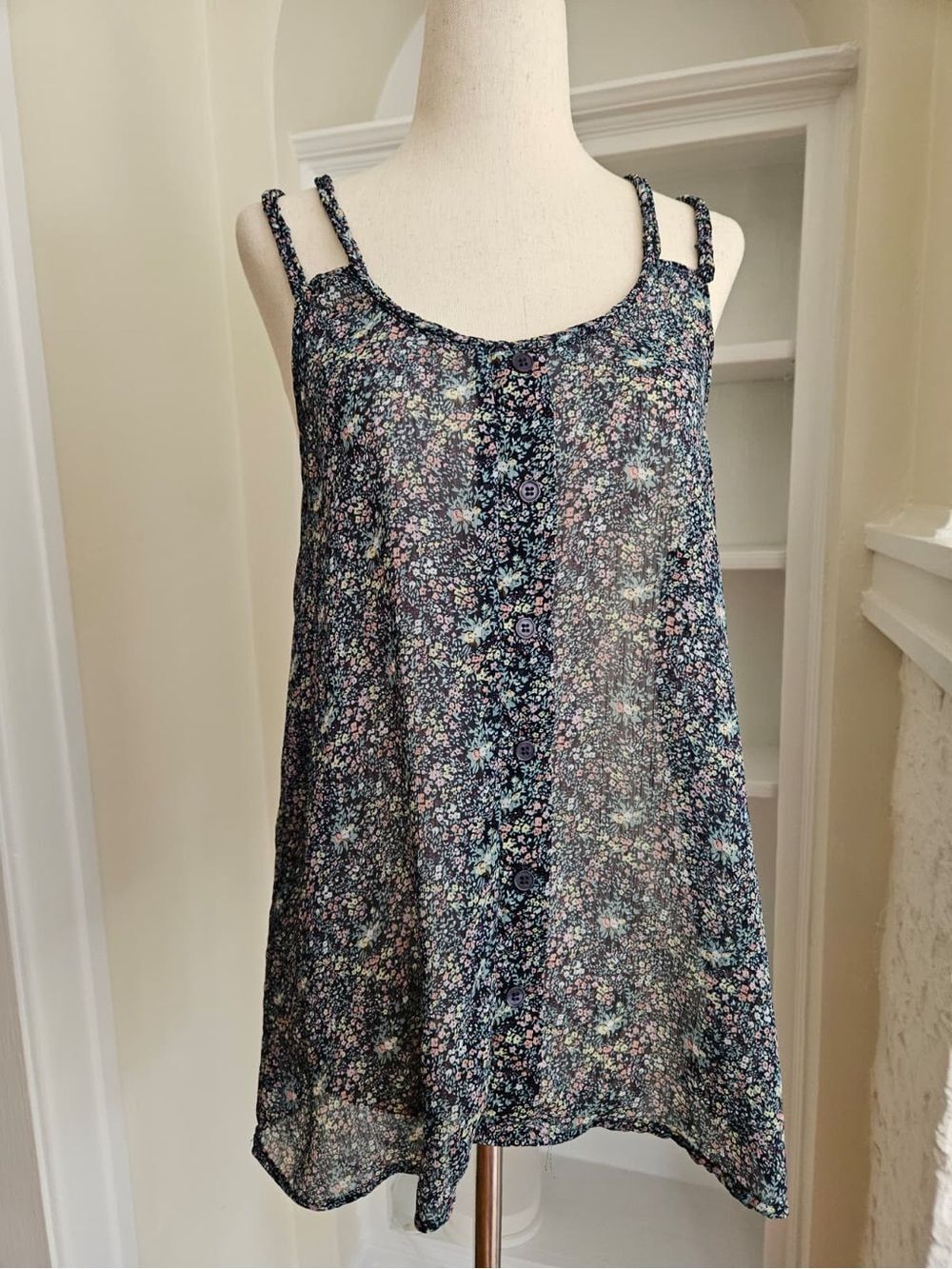 Floral Navy Blue -L- Sheer Spaghetti Strap Tank